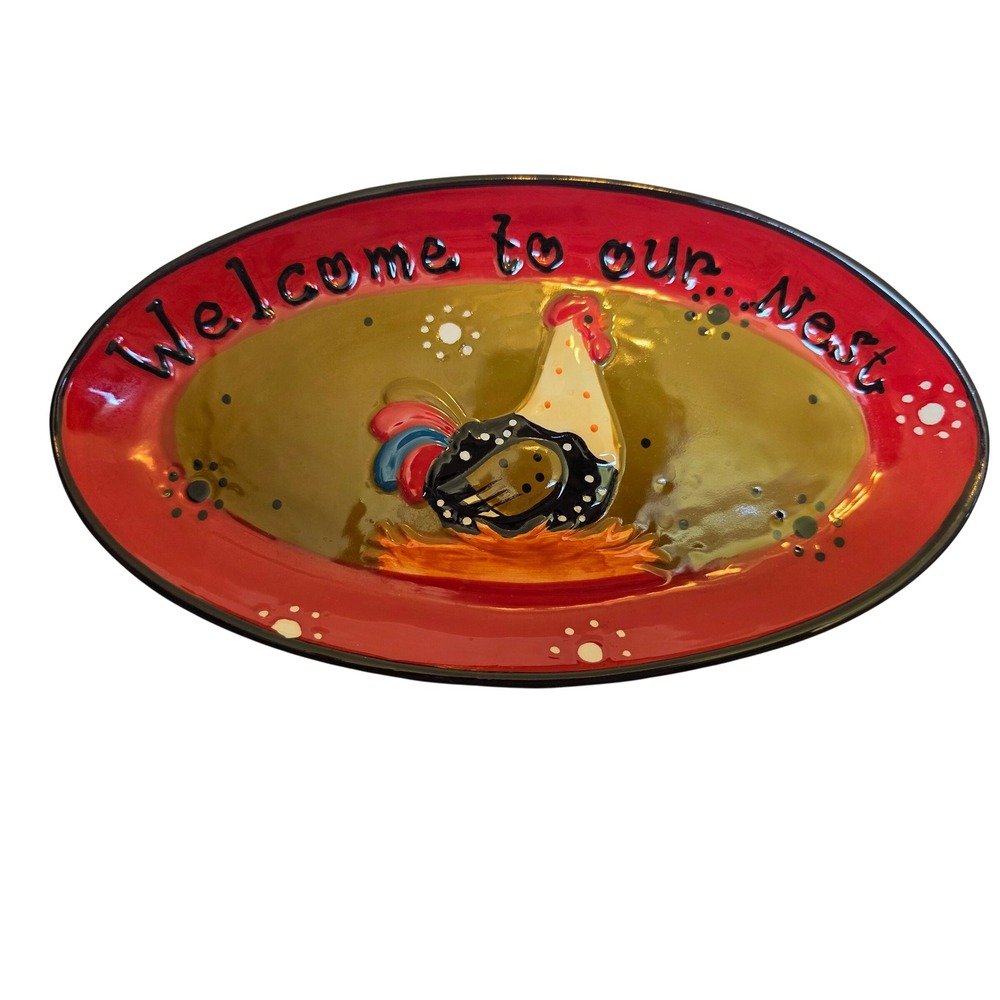 Farmhouse Rooster Welcome to our Nest Ceramic Oval Platter Red Gold Decorative